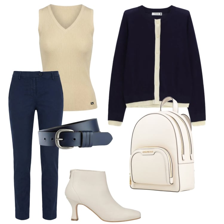 Outfit donna - Total look #2372723. Stile Casual chic per Ufficio. Abbinamento con stivaletti, zaini, cinture, pantaloni, canottiere, cardigans.