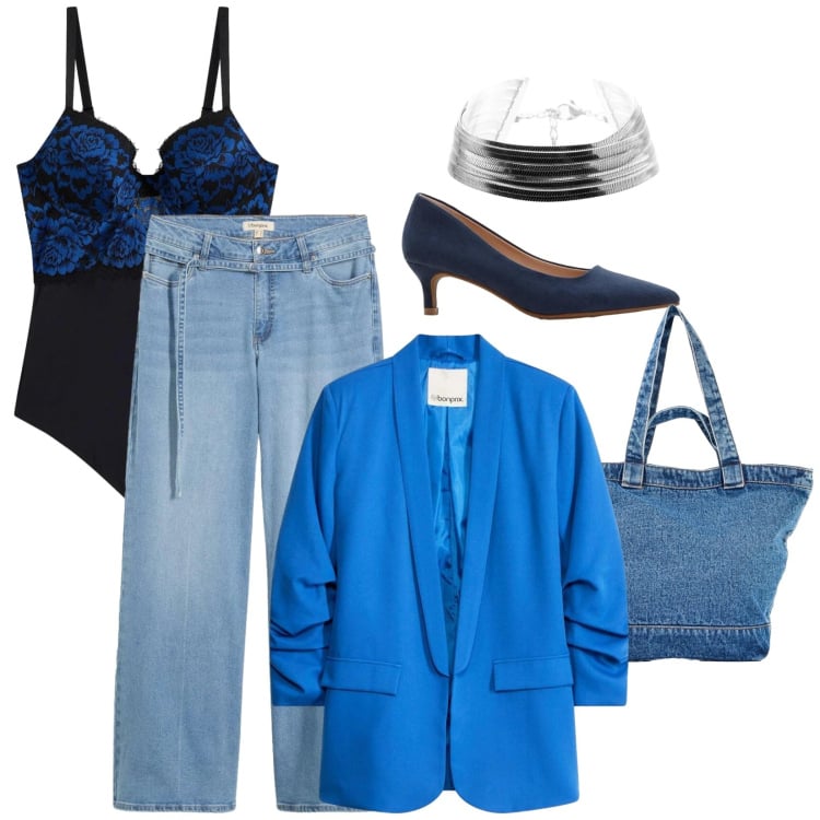 Outfit donna - Total look #2372724. Stile Casual chic per Serata fuori. Abbinamento con décolleté, body, shopping bag, jeans, blazer, braccialetti.