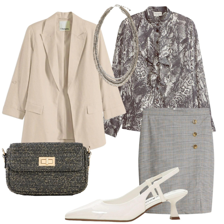 Outfit donna - Ufficio in stile classico. Stile Urban per Ufficio. Abbinamento con borse a tracolla, décolleté, gonne longuette, blazer, camicie, collane.