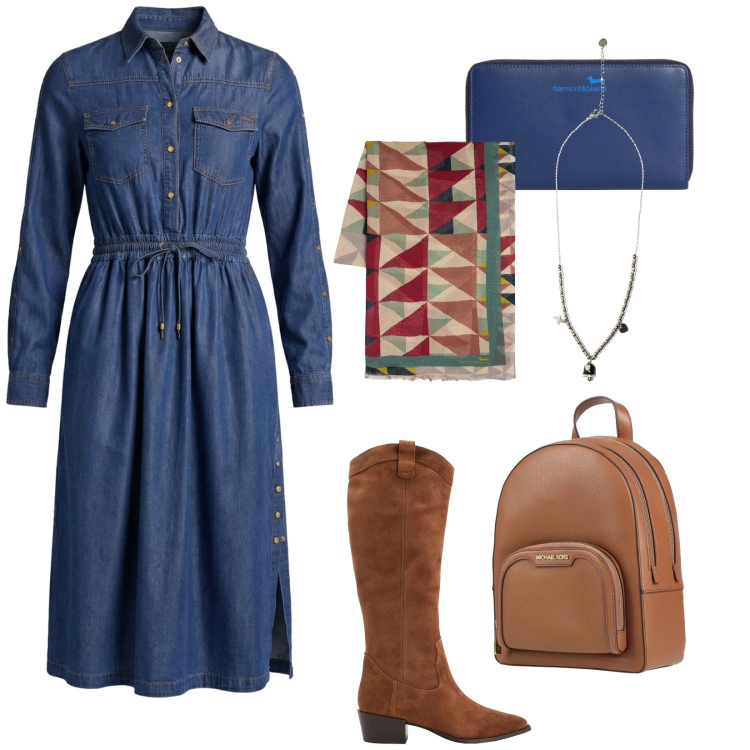 Outfit donna - Chemisier e accessori. Stile Trendy per Tutti i giorni. Abbinamento con stivali, zaini, sciarpe, vestiti chemisier, portafogli, ciondoli.