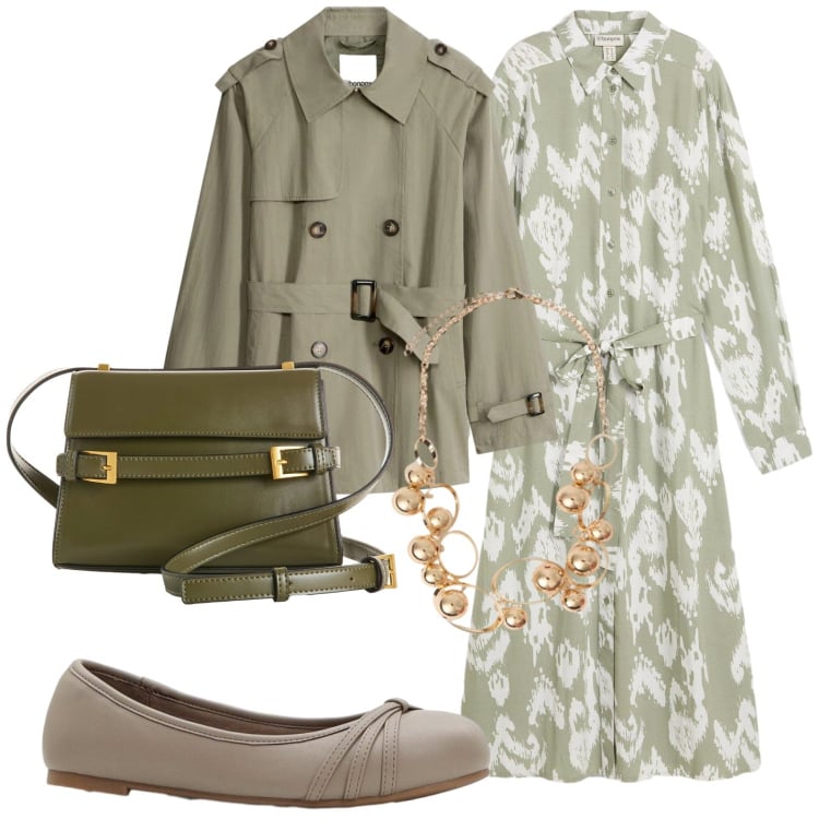 Outfit donna - Verde salvia. Stile Casual chic per Ufficio. Abbinamento con borse a tracolla, vestiti, ballerine, trench, collane.