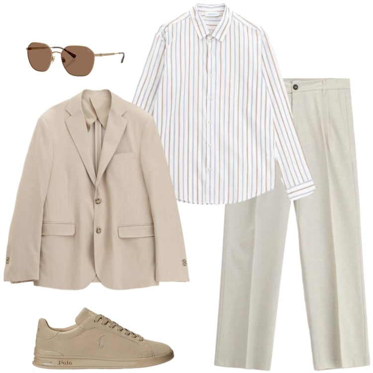 Outfit uomo - Desert Tones: Eleganza Disarmante. Stile Urban per Serata speciale. Abbinamento con pantaloni, giacche, camicie, occhiali da sole, sneakers.