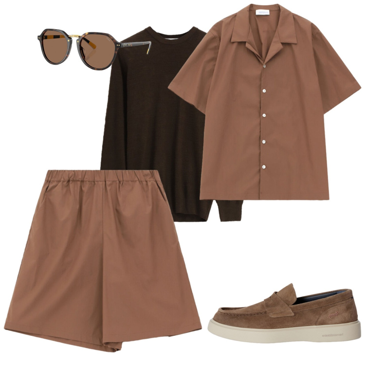 Outfit uomo - Earthy Vibes: Il Nuovo Set Coordinato. Stile Trendy per Tutti i giorni. Abbinamento con scarpe stringate, maglieria, camicie a manica corta, bermuda, occhiali da sole.