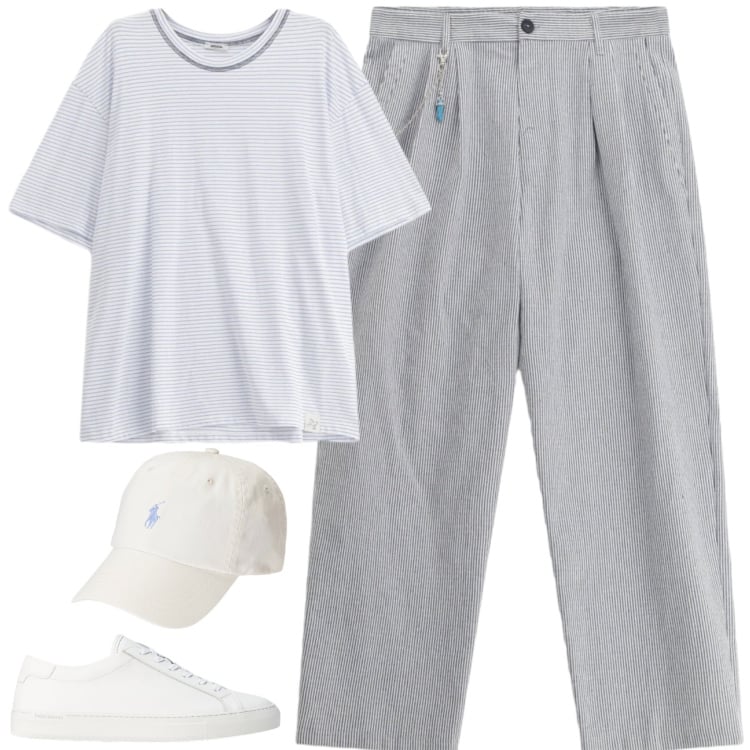 Outfit uomo - Nautical Spirit & Urban Ease. Stile Casual per Tutti i giorni. Abbinamento con pantaloni, t-shirt, sneakers, cappelli.