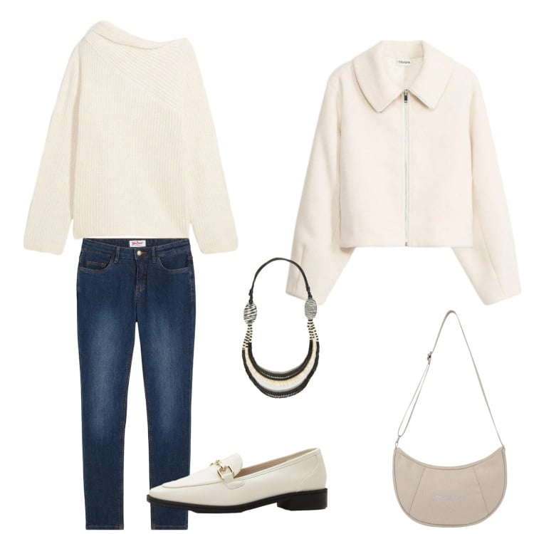 Outfit donna - Bianco e freddo lunedì. Stile Casual chic per Tutti i giorni. Abbinamento con maglieria, jeans skinny, blazer, mocassini, collane, borse a spalla.