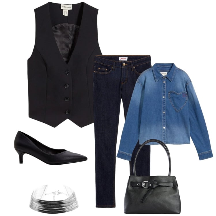 Outfit donna - Total look #2372767. Stile Casual chic per Ufficio. Abbinamento con jeans skinny, gilet, décolleté, borse a mano, camicie, braccialetti.