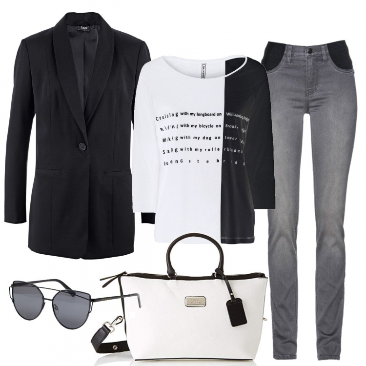 Outfit donna - Black, Grey and White. Stile Trendy per Tutti i giorni. Abbinamento con jeans, maglia bianco, blazer, borsa a mano bianco, occhiali da sole a gatto lenti scure stanghette sottili.