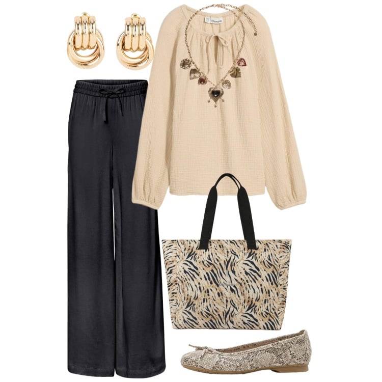Outfit donna - Abiti che si muovono con te - Focus Donn. Stile Romantica per Tutti i giorni. Abbinamento con ballerine, bluse, pantaloni, orecchini, collane, shopping bag.