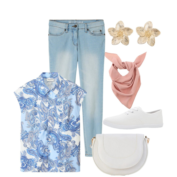 Outfit donna - Fiorella. Stile Romantica per Scuola/Università. Abbinamento con camicie a manica corta, borse a tracolla, sneakers, jeans skinny, orecchini, foulard.