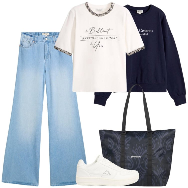 Outfit donna - Total look #2372788. Stile Sporty chic per Tutti i giorni. Abbinamento con jeans, felpe, t-shirt, sneakers, shopping bag.