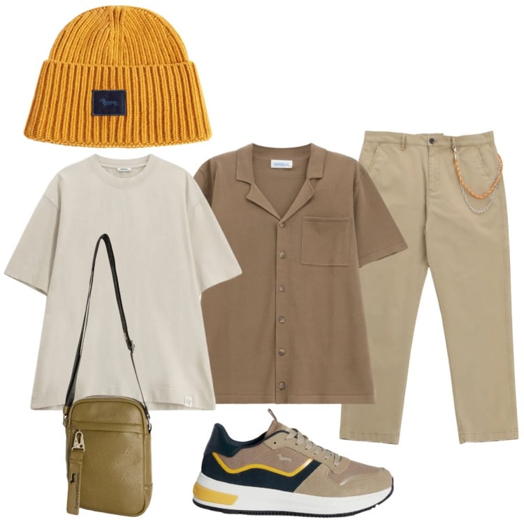 Outfit uomo - Casual... Stile Casual per Tutti i giorni. Abbinamento con borse sportive, sneakers, berretti, t-shirt, pantaloni, camicie a manica corta.