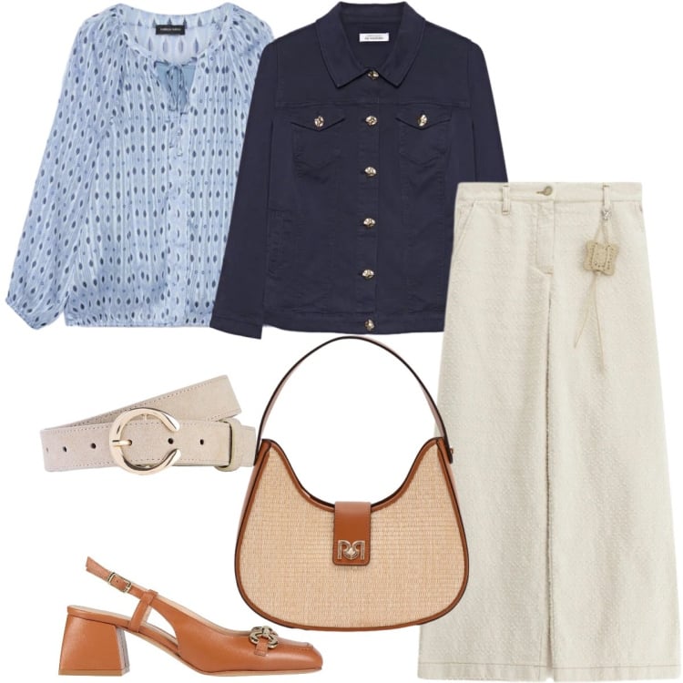 Outfit donna - La giacca in denim con bottoni dorati. Stile Casual chic per Ufficio. Abbinamento con décolleté, cinture, blazer, bluse, borse a spalla, pantaloni a palazzo.