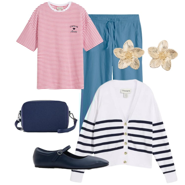 Outfit donna - Total look #2372799. Stile Bon Ton per Scuola/Università. Abbinamento con pantaloni a palazzo, t-shirt, cardigans, orecchini, ballerine, borse a tracolla.