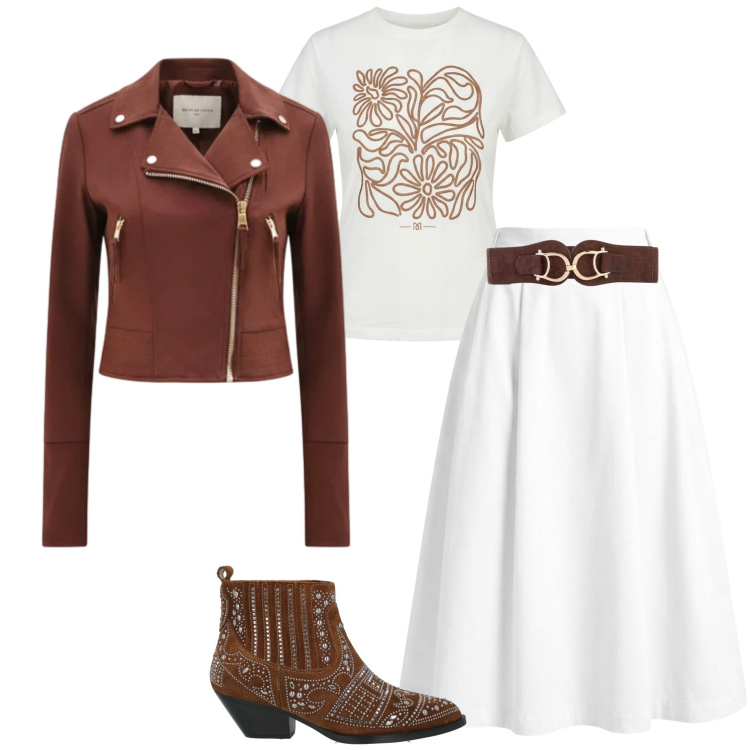 Outfit donna - Bianco e marrone. Stile Casual chic per Tutti i giorni. Abbinamento con stivaletti, cinture, gonne longuette, t-shirt, giacche.