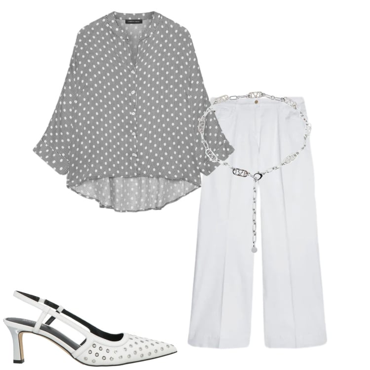 Outfit donna - Camicia a pois. Stile Casual chic per Serata fuori. Abbinamento con décolleté, pantaloni, camicie, cinture.