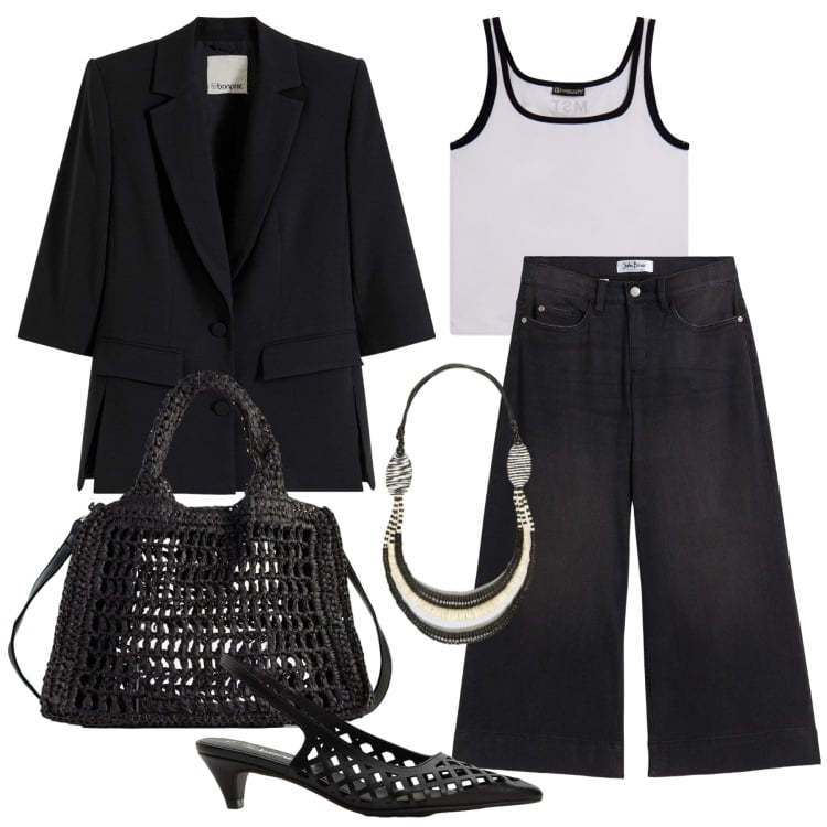 Outfit donna - Marzo. Stile Trendy per Tutti i giorni. Abbinamento con jeans boyfriend, blazer, décolleté, borse a tracolla, collane, canottiere.