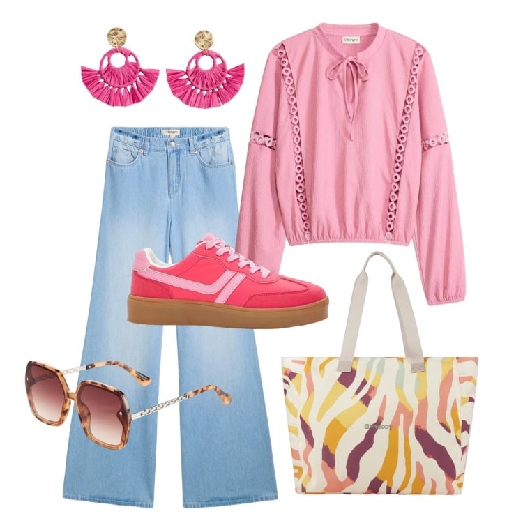 Outfit donna - Marzo. Stile Boho per Tutti i giorni. Abbinamento con jeans, sneakers, bluse, orecchini, occhiali da sole, shopping bag.