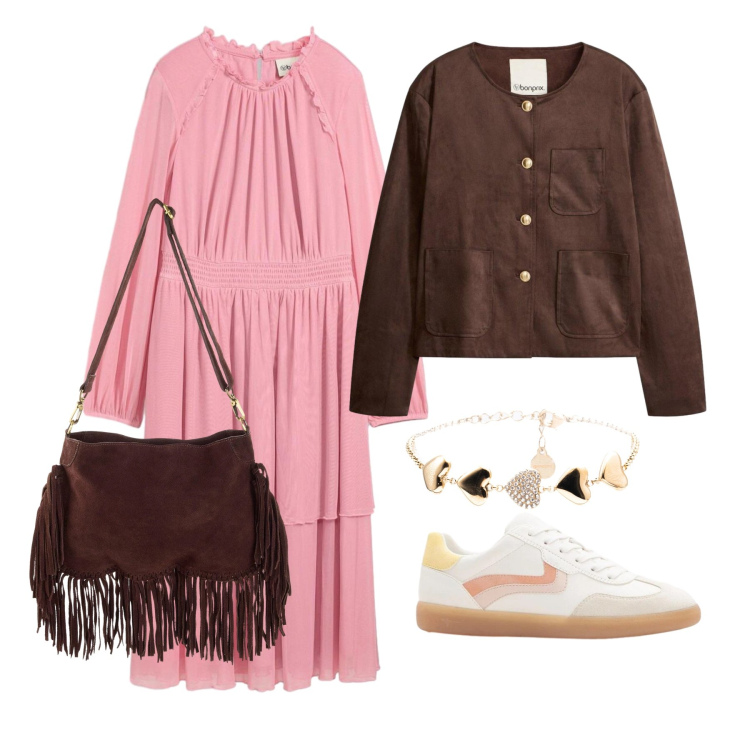 Outfit donna - Marzo. Stile Boho per Tutti i giorni. Abbinamento con blazer, borse a tracolla, sneakers, vestiti, braccialetti.
