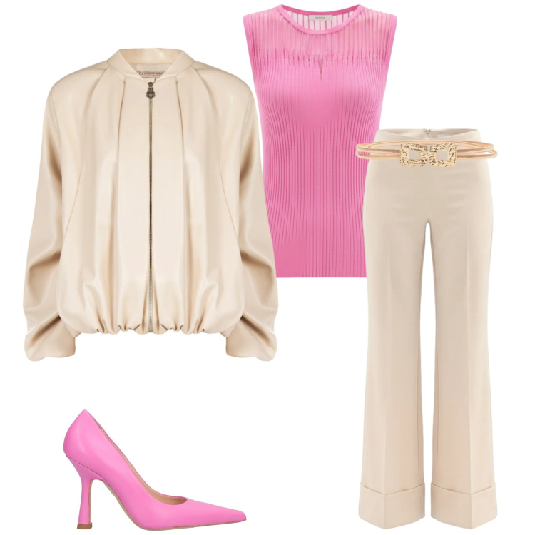 Outfit donna - Serata con amici. Stile Casual chic per Serata fuori. Abbinamento con décolleté, bomber, cinture, pantaloni a palazzo, top.