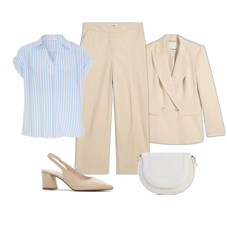 Outfit femme - Blazer à rayures. Style Casual chic pour Bureau. Assortir avec tuniques, chaussures à talon, blazers, sacs en bandoulière, pantalon .