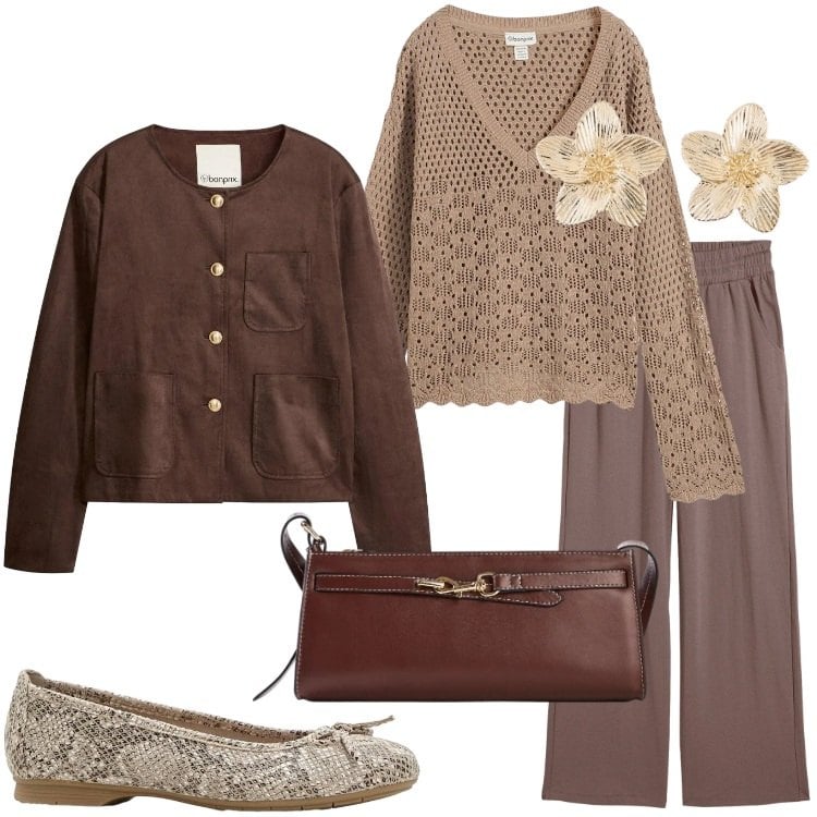 Outfit donna - Aprile non ti scoprire. Stile Romantica per Tutti i giorni. Abbinamento con borse a tracolla, blazer, pantaloni, maglieria, ballerine, orecchini.