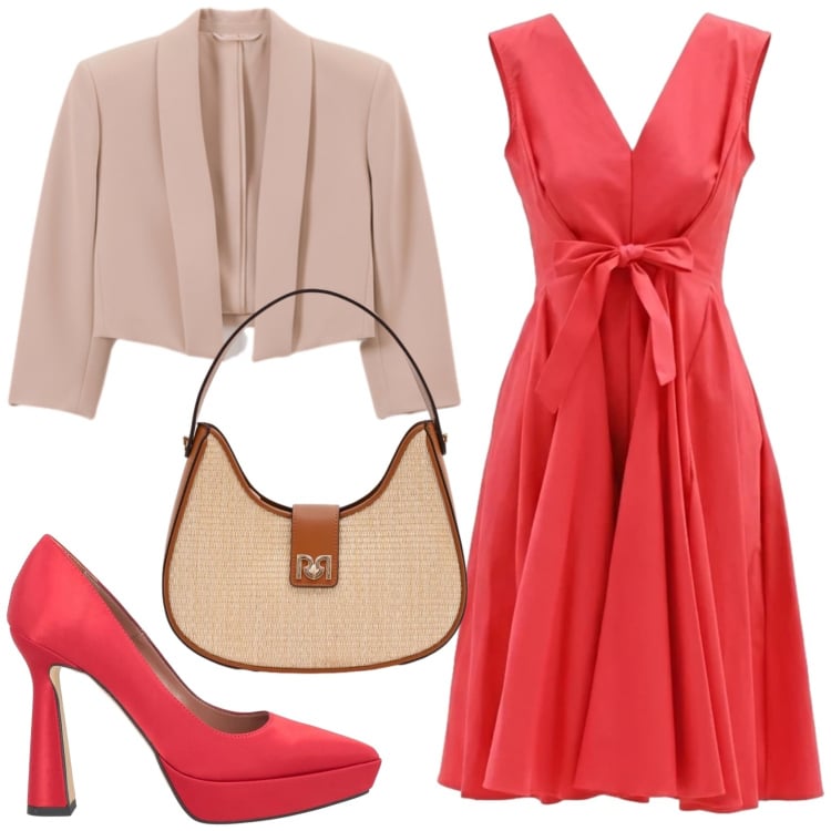Outfit donna - Il rosso in tutte le stagioni. Stile Chic per Serata fuori. Abbinamento con décolleté, vestiti corti, bolero, borse a spalla.