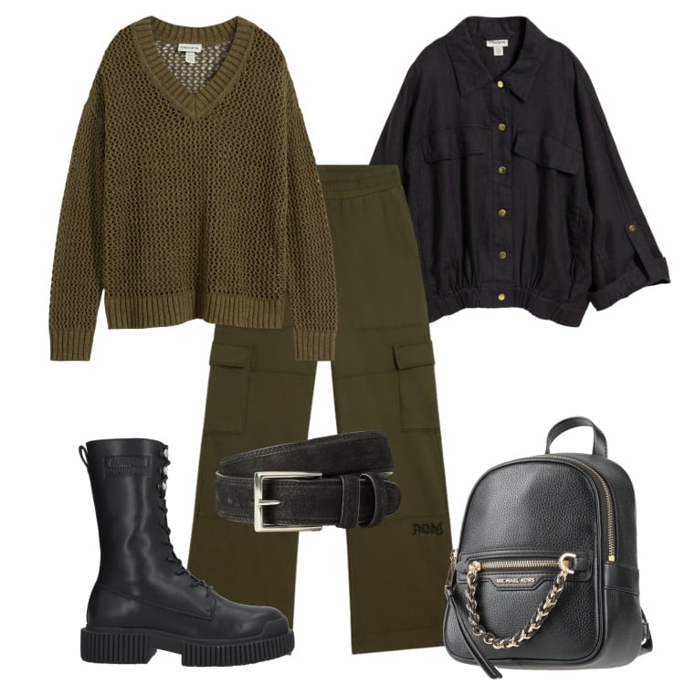 Outfit donna - La maglia traforata. Stile Casual per Tutti i giorni. Abbinamento con zaini, stivaletti, bomber, maglieria, cinture, pantaloni cargo.