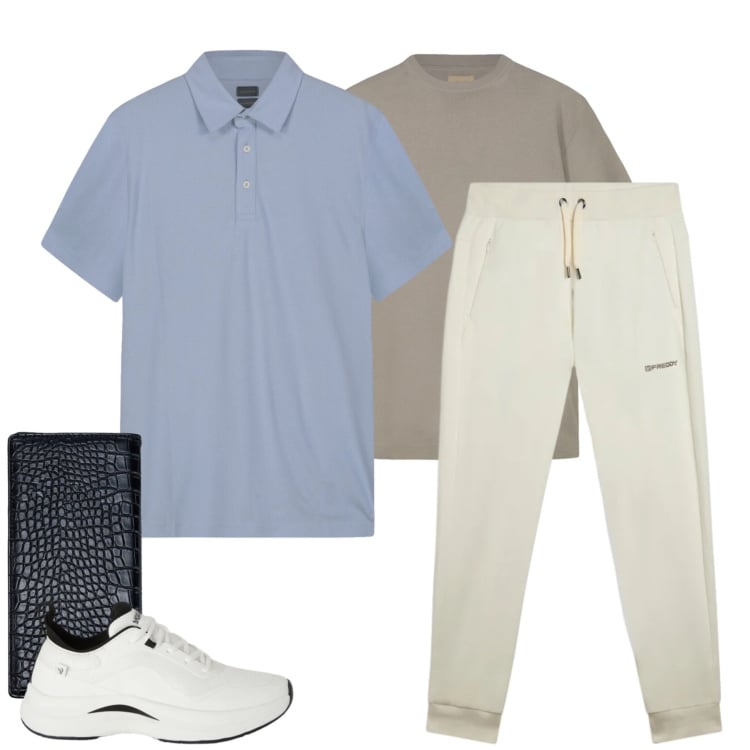 Outfit uomo - Urban Comfort. Stile Urban per Tutti i giorni. Abbinamento con pantaloni, sneakers, t-shirt, portafogli, polo.