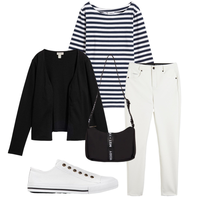 Outfit donna - Total look #2372839. Stile Casual per Tutti i giorni. Abbinamento con maglieria, cardigans, sneakers, pantaloni skinny, borse a tracolla.
