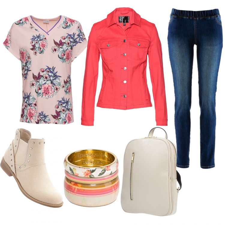 Outfit donna - Urban #1627. Stile Urban per Tutti i giorni. Abbinamento con treggings, giacca, maglia fantasia con scollo rosa, scarponcini beige, borsa, bracciale in placcato argento.