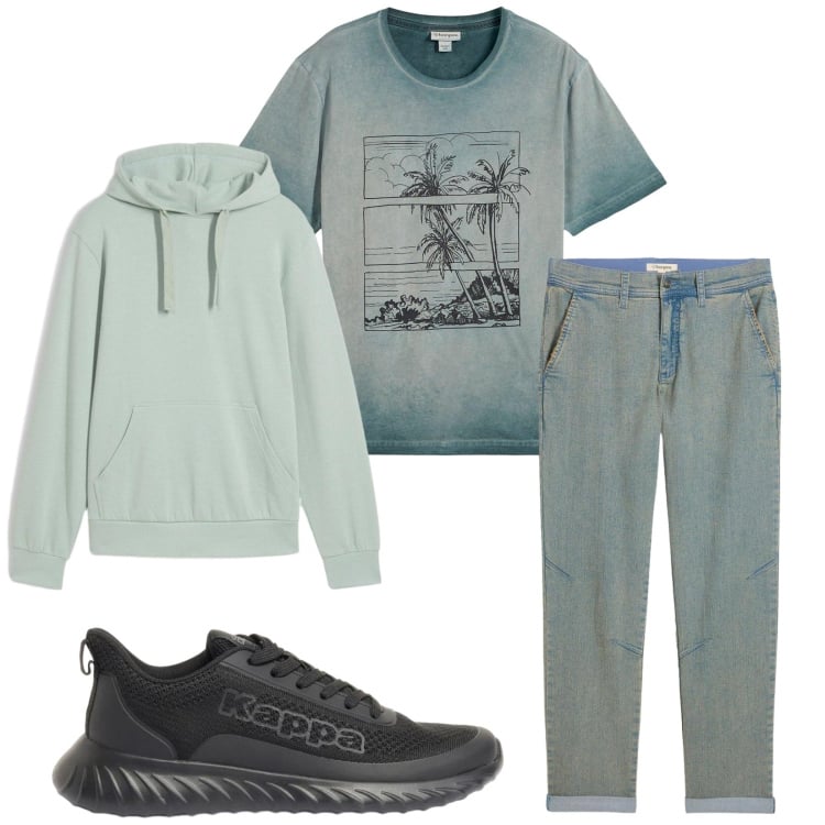 Outfit uomo - Total look #2372840. Stile Trendy per Tutti i giorni. Abbinamento con t-shirt, jeans dritti, sneakers, felpe con cappuccio.