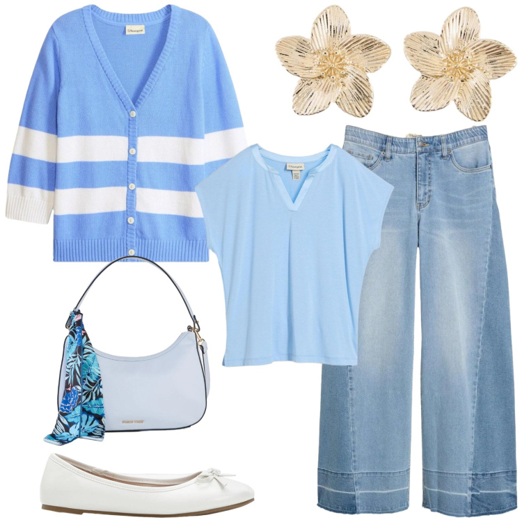 Outfit donna - Total look #2372842. Stile Romantica per Tutti i giorni. Abbinamento con jeans, cardigans, ballerine, bluse, borse a mano, orecchini.