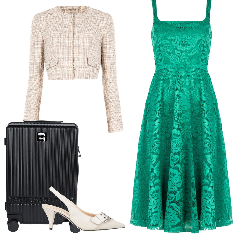 Outfit donna - L\'abito verde smeraldo in pizzo. Stile Glamour per Cerimonia. Abbinamento con valigie, décolleté, vestiti midi/longuette, blazer.