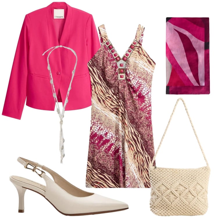 Outfit donna - Total look #2372845. Stile Casual chic per Tutti i giorni. Abbinamento con décolleté, blazer, vestiti, borse a tracolla, foulard, collane.