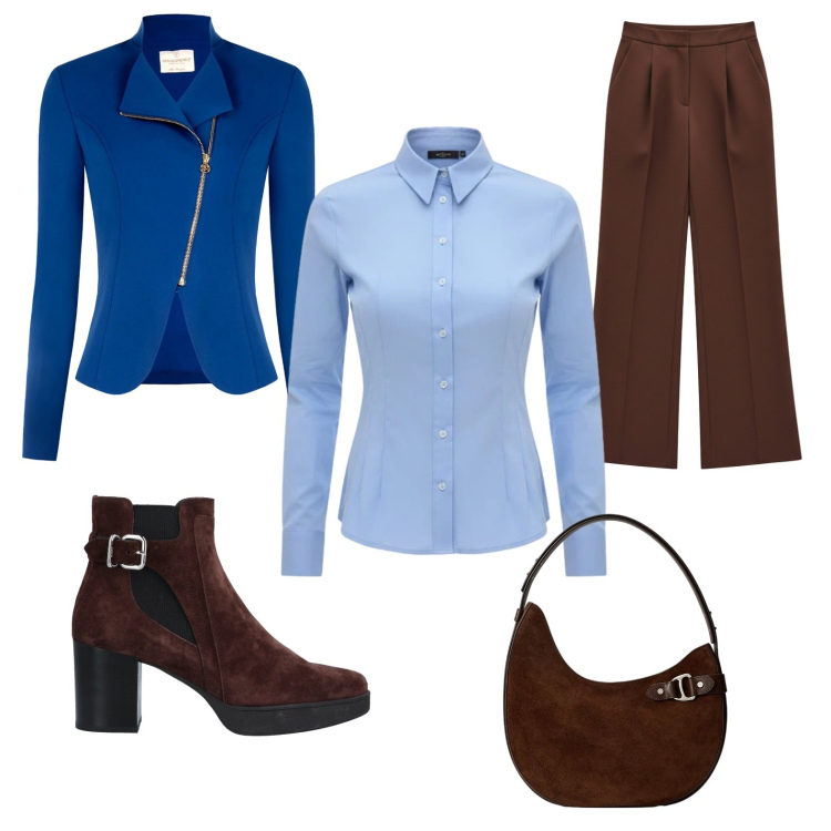 Outfit donna - Marrone anche in primavera. Stile Casual chic per Tutti i giorni. Abbinamento con stivaletti chelsea, borse a spalla, blazer, camicie, pantaloni a palazzo.