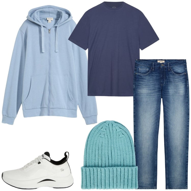 Outfit uomo - Total look #2372849. Stile Casual per Tutti i giorni. Abbinamento con jeans dritti, felpe con cappuccio, sneakers, berretti, t-shirt.