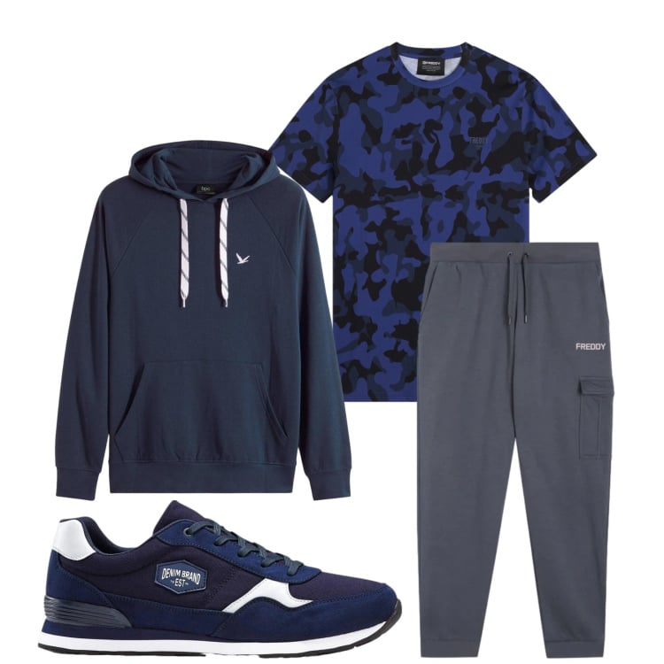 Outfit uomo - Total look #2372851. Stile Trendy per Sport. Abbinamento con sneakers, felpe con cappuccio, pantaloni cargo, t-shirt.