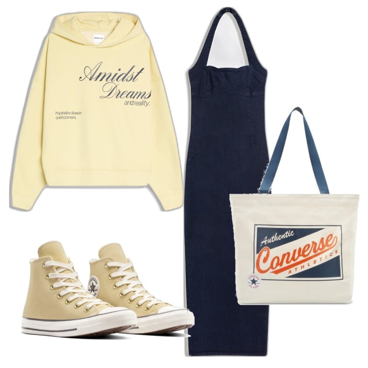 Outfit mujer - Casual #3011. Estilo Casual para Todos los días. Combinación con sneakers, bolso tote, sudaderas con capucha, vestidos midi/longuettes.