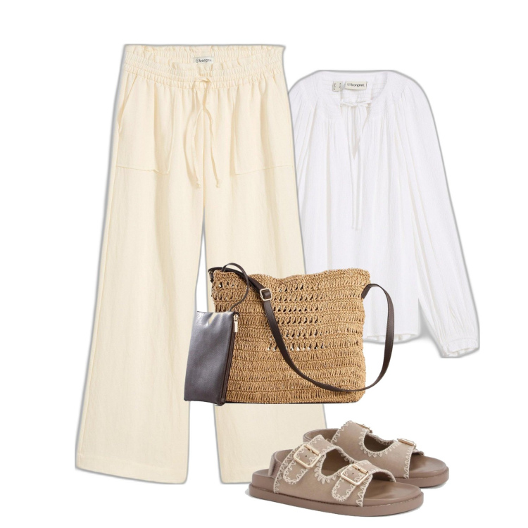 Outfit femme - Avril. Style Boho pour Tous les jours. Assortir avec jupe-culotte, sacs en bandoulière, tuniques, sandales.