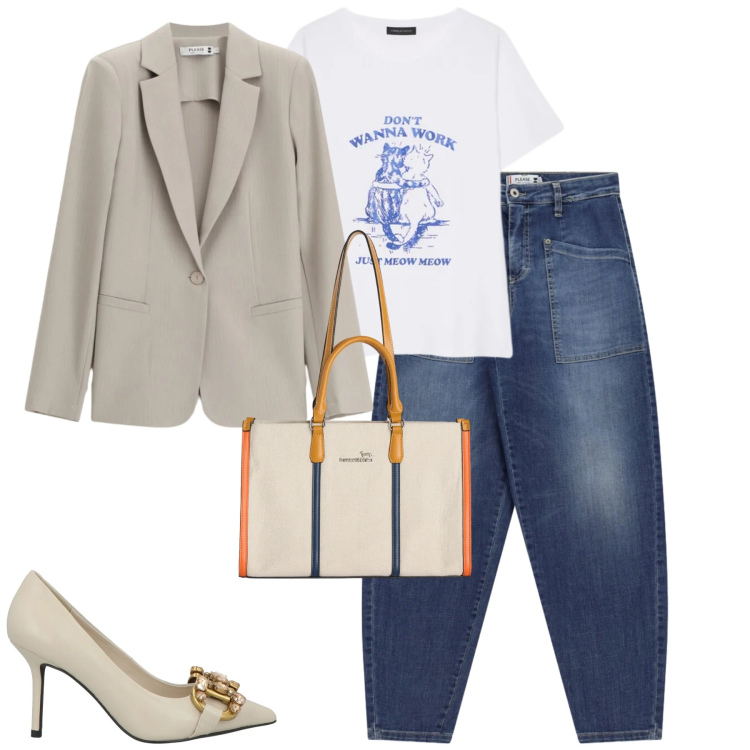 Outfit donna - City. Stile Casual chic per Tutti i giorni. Abbinamento con décolleté, t-shirt, borse tote, blazer, jeans.