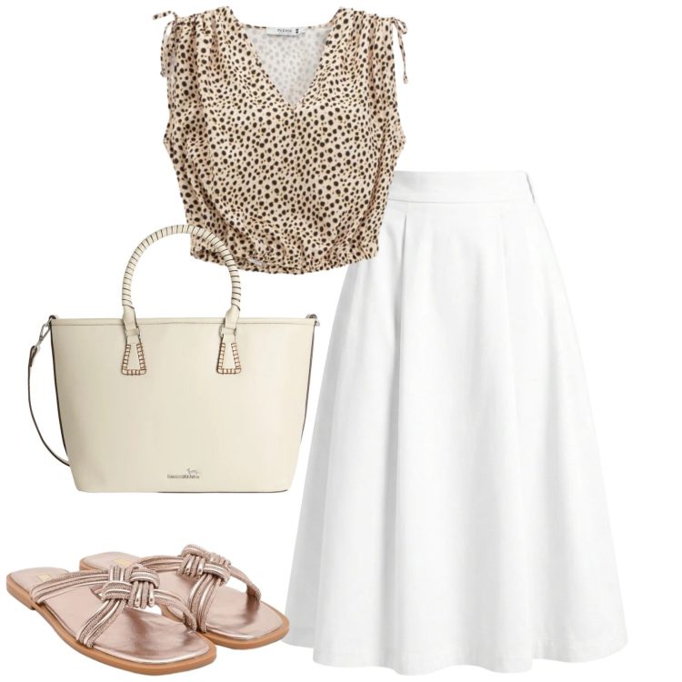 Outfit donna - Marzo. Stile Minimal per Tutti i giorni. Abbinamento con shopping bag, gonne longuette, sandali, top.