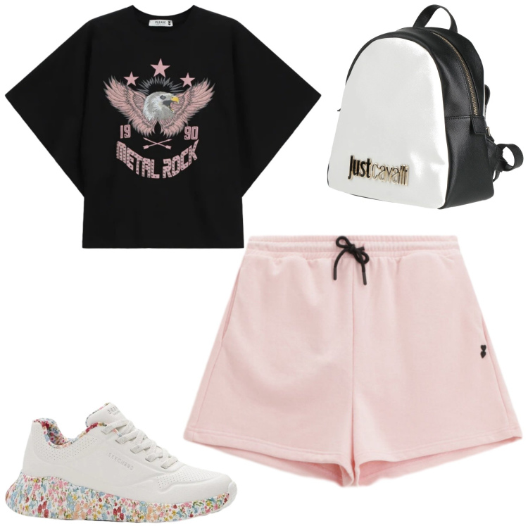 Outfit donna - Sporty. Stile Casual per Tutti i giorni. Abbinamento con zaini, sneakers, shorts, t-shirt.