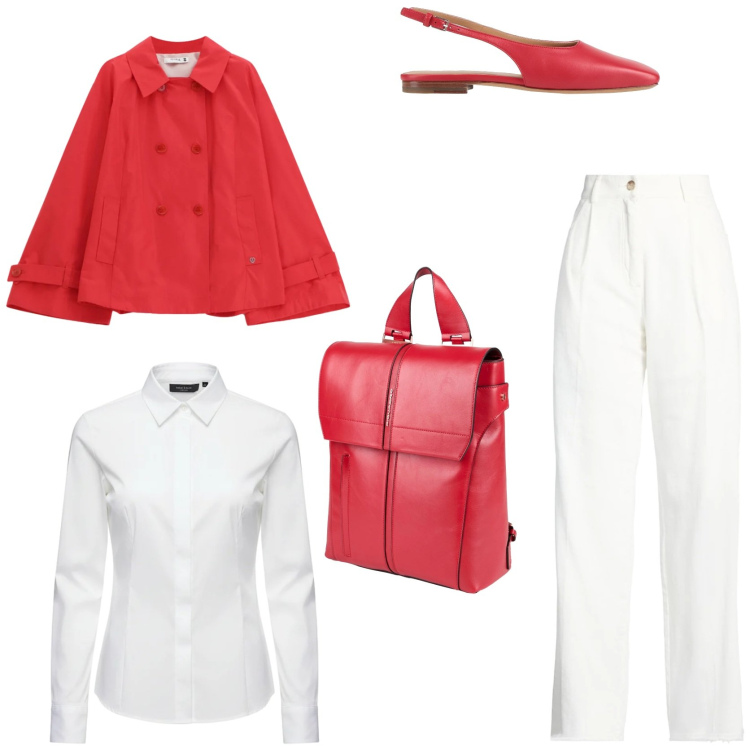 Outfit donna - Irresistibile rosso. Stile Glamour per Tutti i giorni. Abbinamento con zaini, ballerine, pantaloni, giacche, camicie.