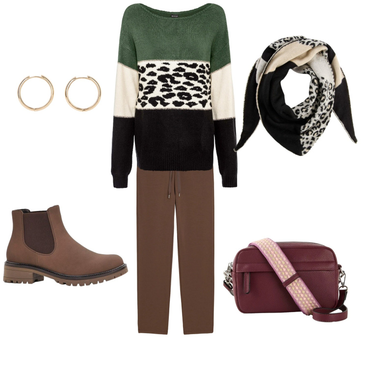 Outfit donna - Confort chic. Stile Casual chic per Scuola/Università. Abbinamento con maglieria, stivaletti, borse a tracolla, foulard, orecchini, pantaloni.
