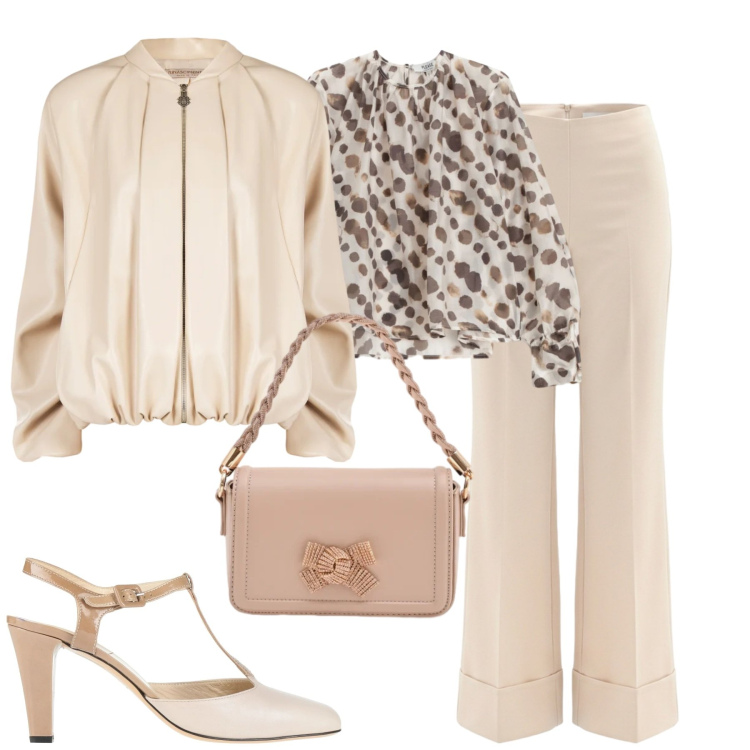 Outfit donna - Chic. Stile Chic per Tutti i giorni. Abbinamento con décolleté, bluse, bomber, pantaloni a palazzo, pochette.