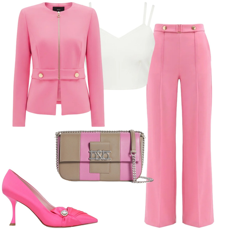 Outfit donna - Pink. Stile Chic per Tutti i giorni. Abbinamento con décolleté, borse a spalla, pantaloni a palazzo, top, blazer.