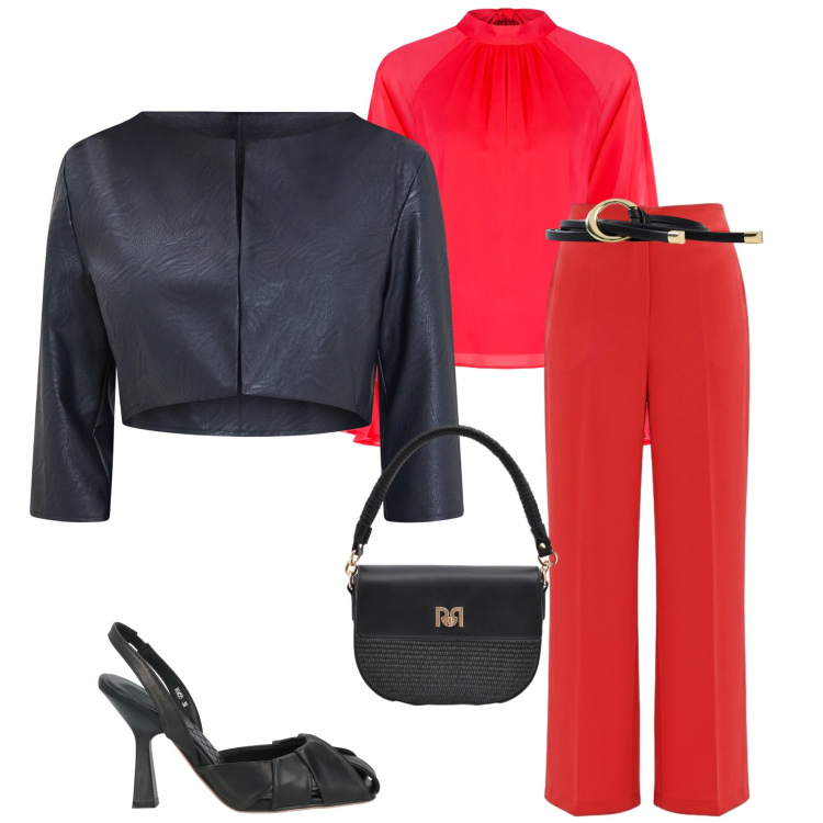 Outfit donna - Rosso passione. Stile Chic per Cerimonia. Abbinamento con décolleté, cinture, bolero, borse a spalla, bluse, pantaloni.