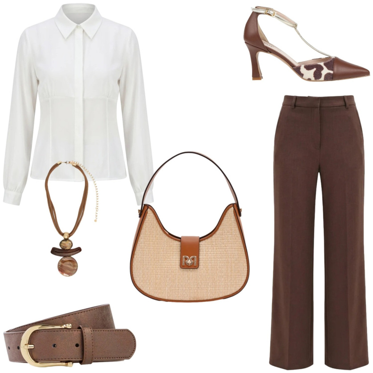 Outfit donna - Giornata in ufficio. Stile Chic per Ufficio. Abbinamento con décolleté, cinture, ciondoli, pantaloni, borse a spalla, camicie.