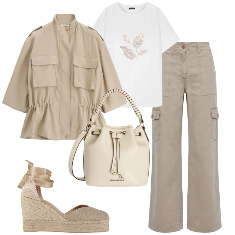 Outfit donna - Primavera. Stile Casual chic per Tutti i giorni. Abbinamento con espadrillas, t-shirt, borse a secchiello, pantaloni cargo, parka.