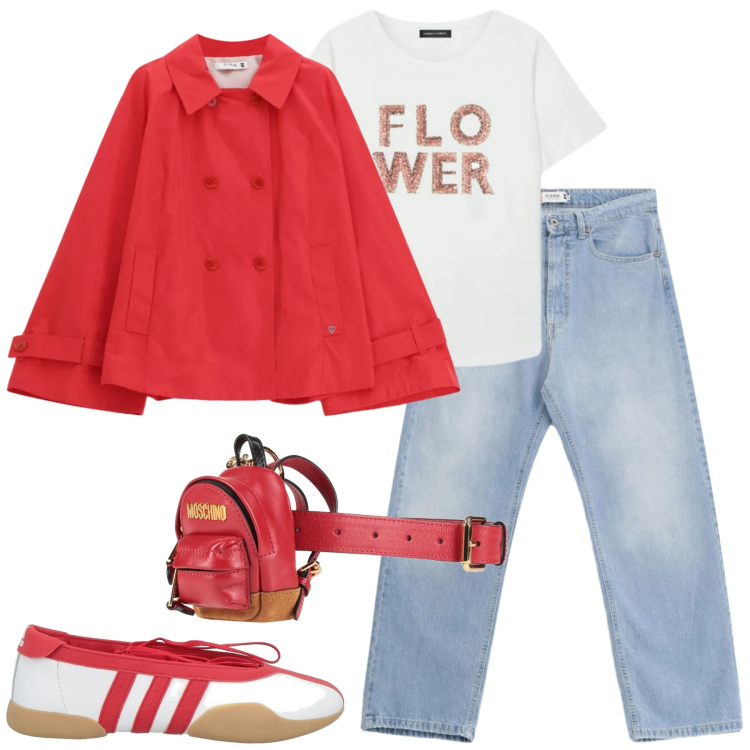 Outfit donna - Marzo. Stile Casual chic per Tutti i giorni. Abbinamento con ballerine, marsupi, t-shirt, giacche, jeans.